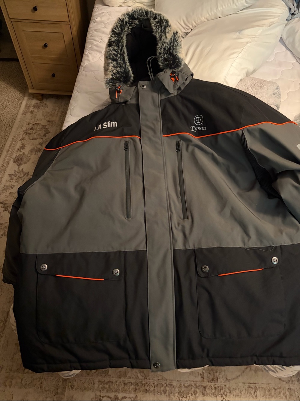 Men's Gray & Black Parka Jacket with Faux-Fur Hood